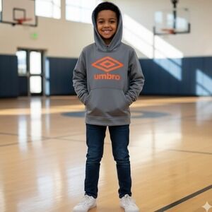 Kids Umbro Gray Orange Logo Hoodie Pullover Sweatshirt Medium 8/10 Kangaroo Pckt